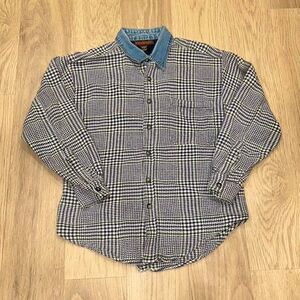 Vintage Rhinoceros Mens M Button Flannel Shirt Houndstooth Pattern Denim Collar